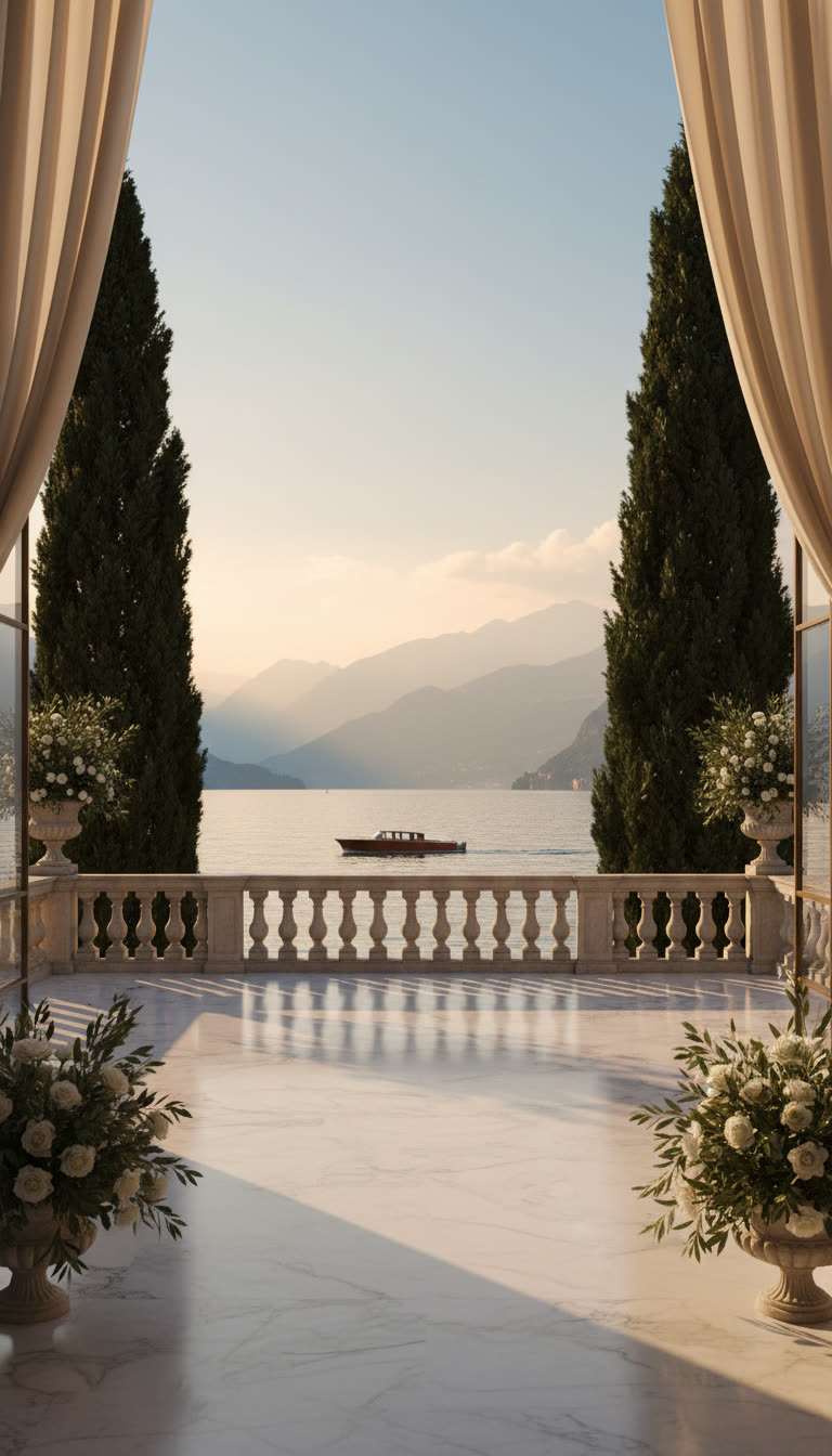 A marble terrace at golden hour overlooking Lake Como, framed by cypress trees and silk curtains.